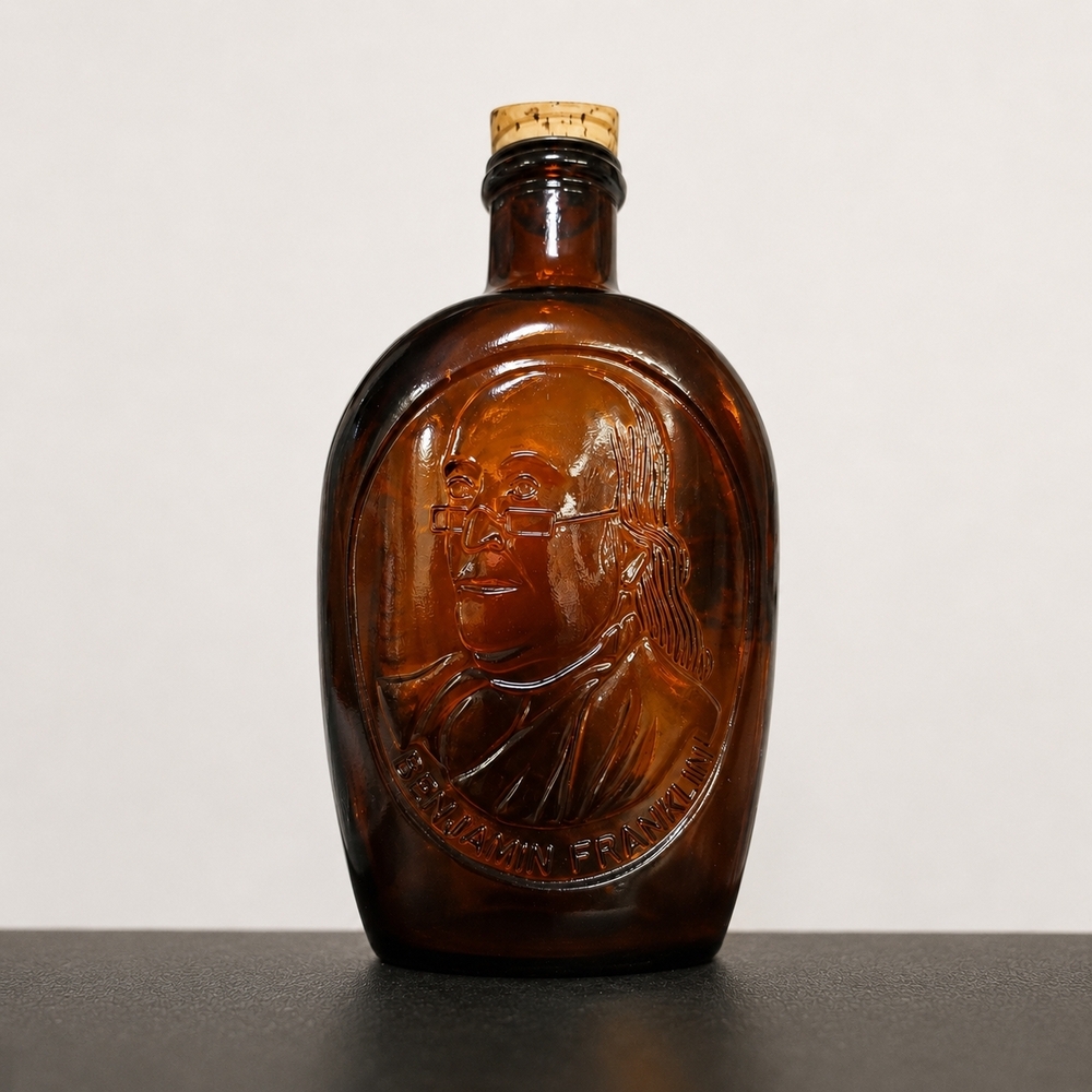 Amber Glass Flask Bottle with Embossed Benjamin Franklin Portrait